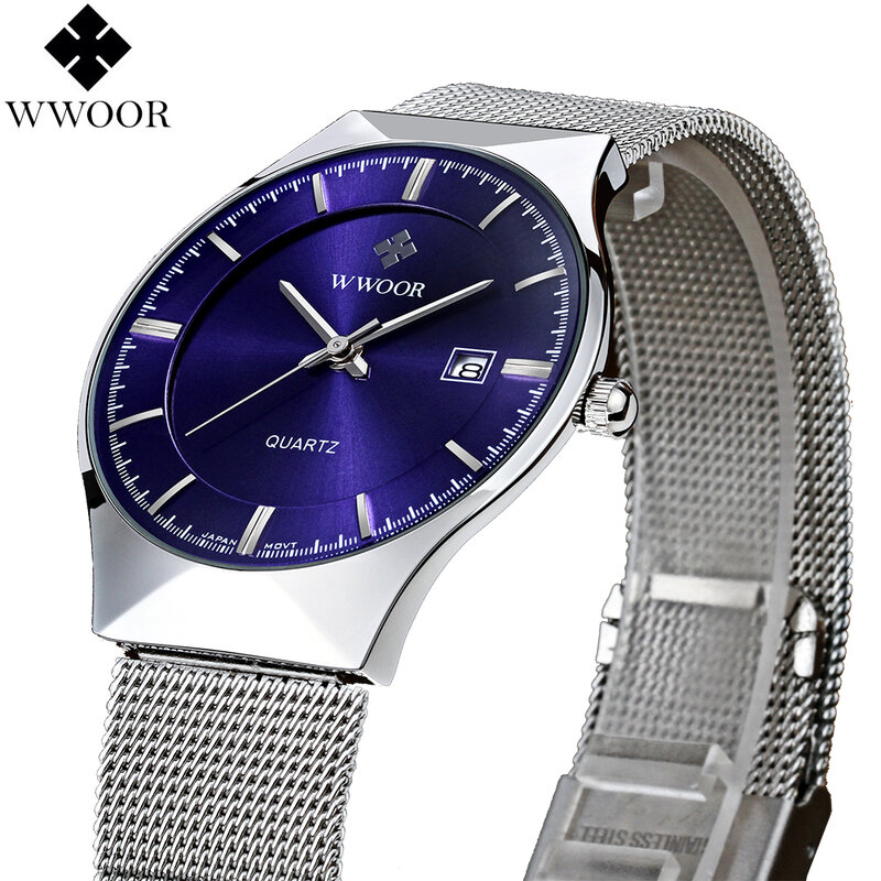 Wwoor relógio quartzo pulseira malha aço inoxidável, relógio de pulso masculino marca de luxo