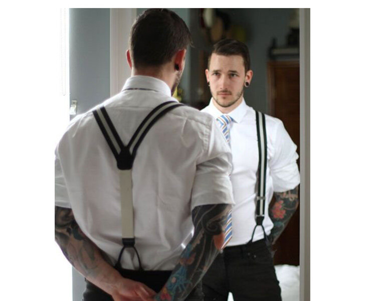 แฟชั่น Suspenders หนังแท้ปรับได้ 6 วงเล็บคลิปชาย Vintage Casual งานแต่งงานสายหนัง Husband