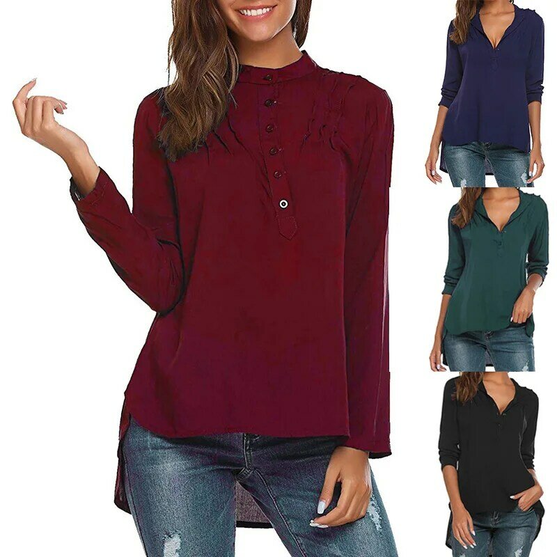 Nowych kobiet przycisk z długim rękawem asymetryczny Hem luźne stałe bluzka bluzki koszula sweter