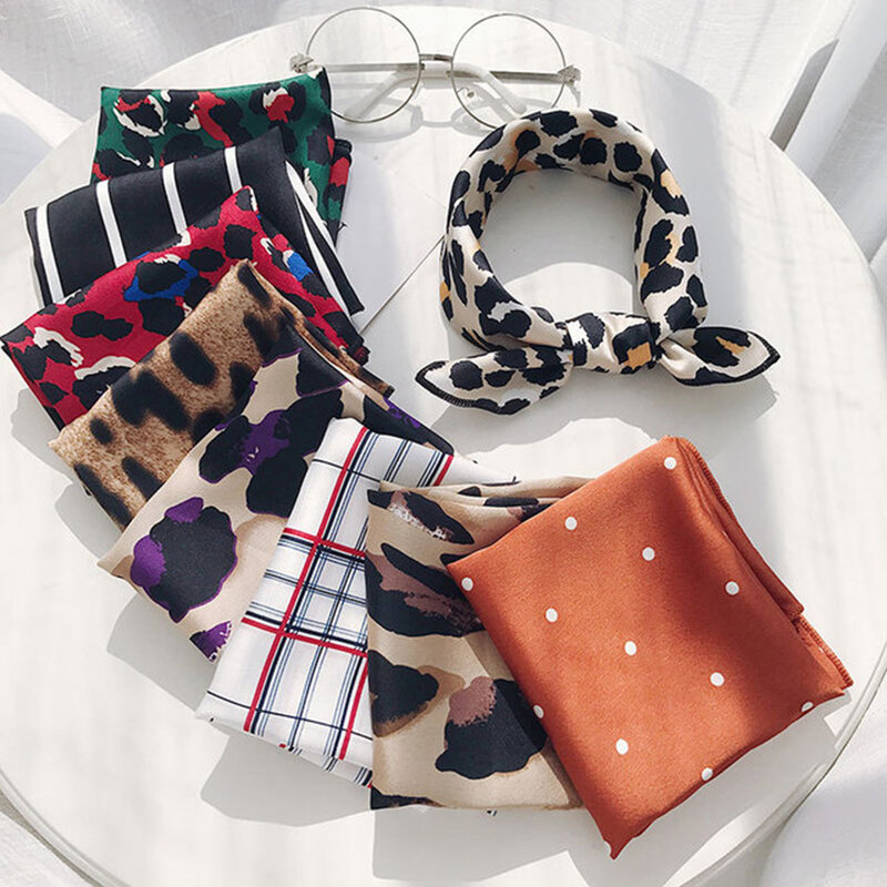 Bufanda de seda cuadrada para mujer, pañuelo a la moda, con puntos, colores de leopardo, para cabeza, cuello, lazo de pelo, diadema, 50x50 cm