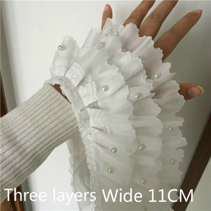 11cm Luxury White Beaded Pleated Chiffon 3D Tulle Lace Ribbons Trim DIY Wedding Garment Dress Collar Applique Sewing Supplies