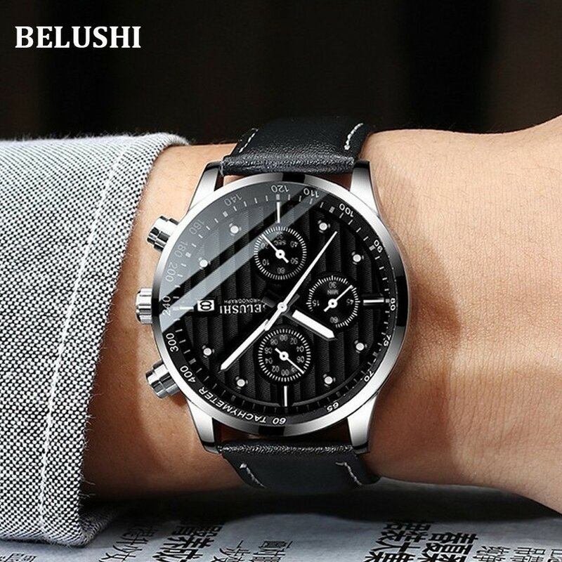 Belushi-reloj de cuarzo deportivo para hombre, cronógrafo de pulsera, estilo militar, con fecha, de cuero, resistente al agua hasta 30M