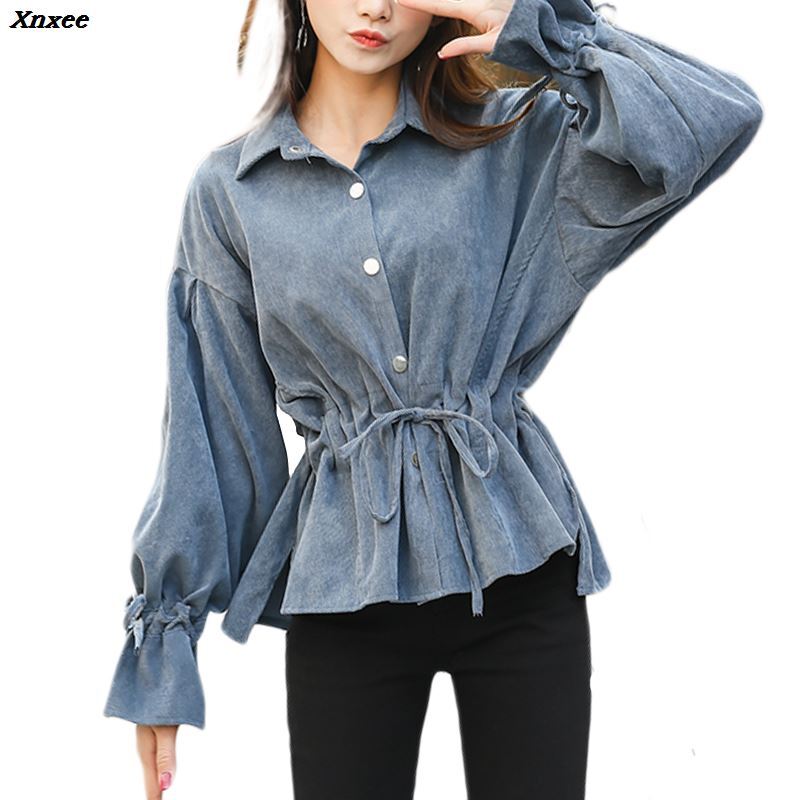 Chemises en velours côtelé pour femmes, manches évasées, style coréen, couleur unie, décontracté, avec ceinture élastique, ample, grande taille, haute qualité, 2020