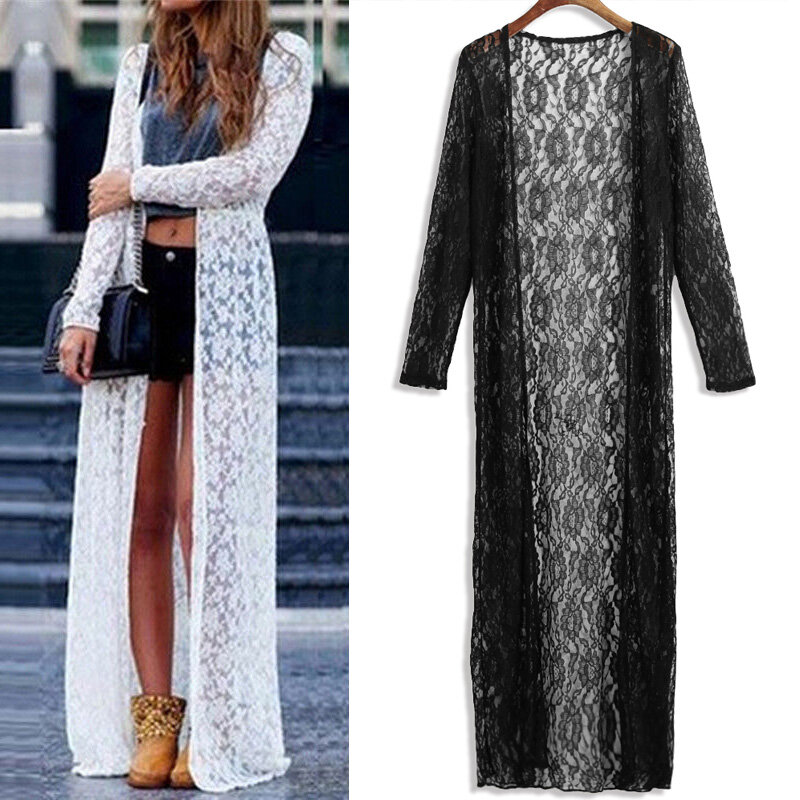 Floral Lace Women Sweater Cardigan Semi Sheer Plus Size 5XL Solid Open Front Long Elegant Summer Beach Cover Up Cardigan