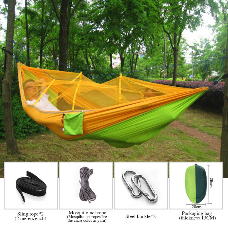 Туристический гамак с москитной сеткой, на 1-2 человек, портативная подвесная кровать, высокопрочная Парашютная ткань, качели для сна