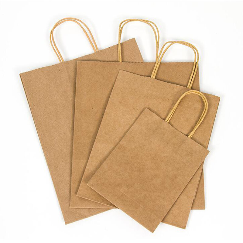 Bolsa de papel para presente, marrom, giro, alça de compras, roupas ambientais, sacos amarelos e baratos