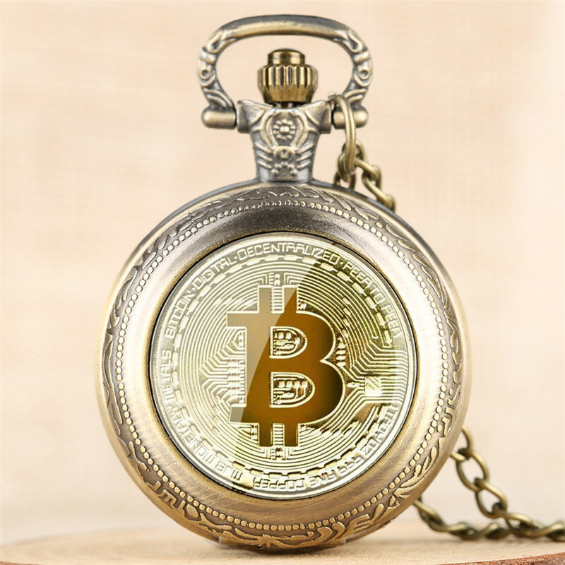 Exquisite bitcoin design completo caçador de quartzo bolso relógio numerais exibição pingente relógio masculino feminino com retro colar corrente relo