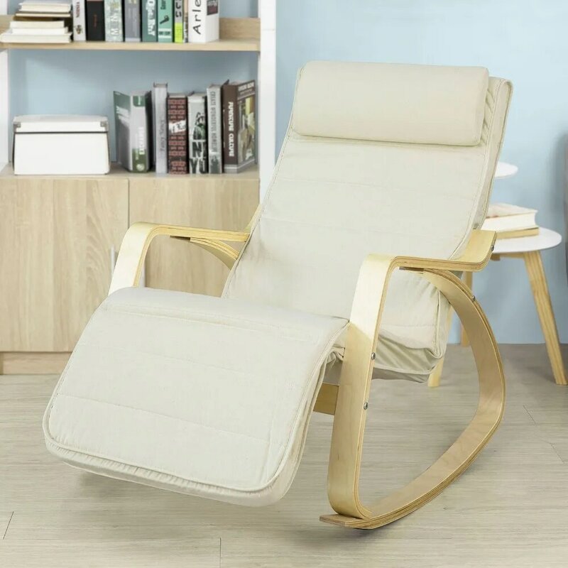 Кресло-качалка SoBuy FST16-W, расслабляющее кресло-качалка с кремовой подушкой и регулируемой подставкой для ног
