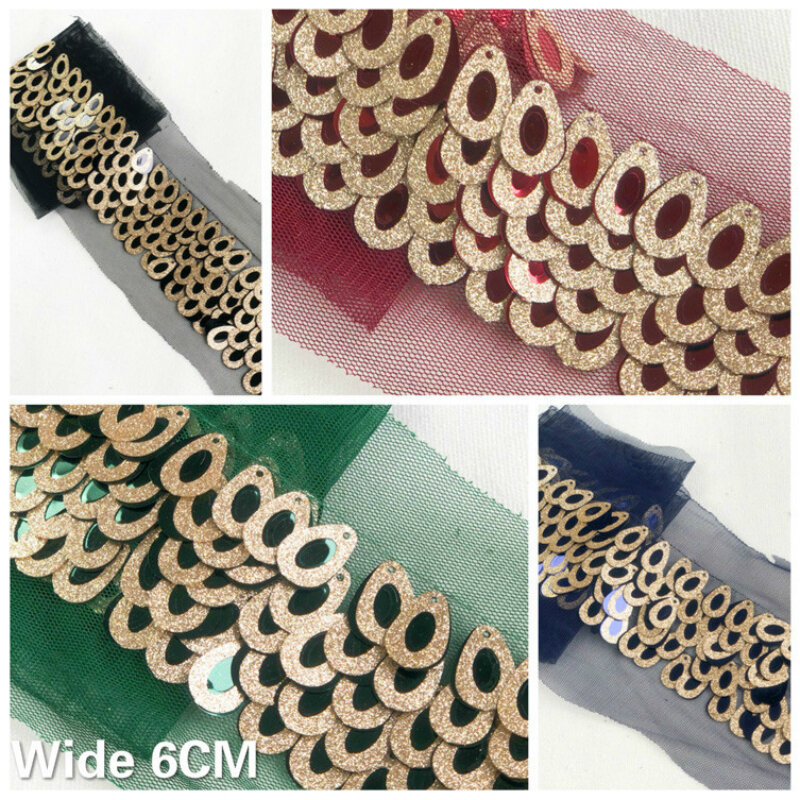 Exquisite 6CM Wide Golden Glitter 3D Sequins Beaded Lace Fabric Ribbon Collar Applique Costumes Garment Dress Sewing Accessories