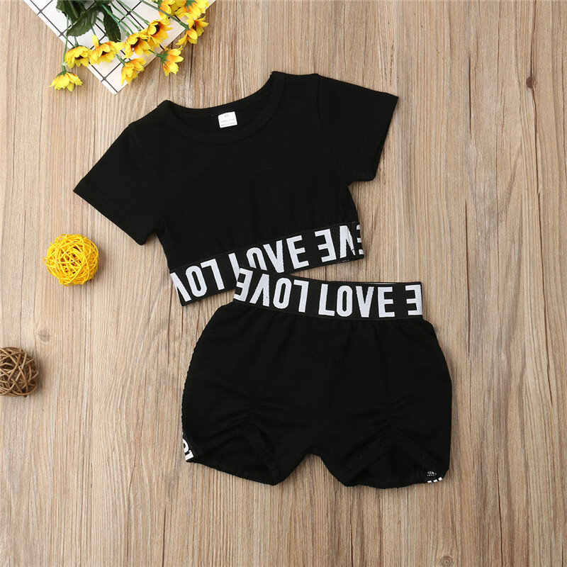 Conjunto roupa infantil preta, camiseta e short para meninas de manga curta casual