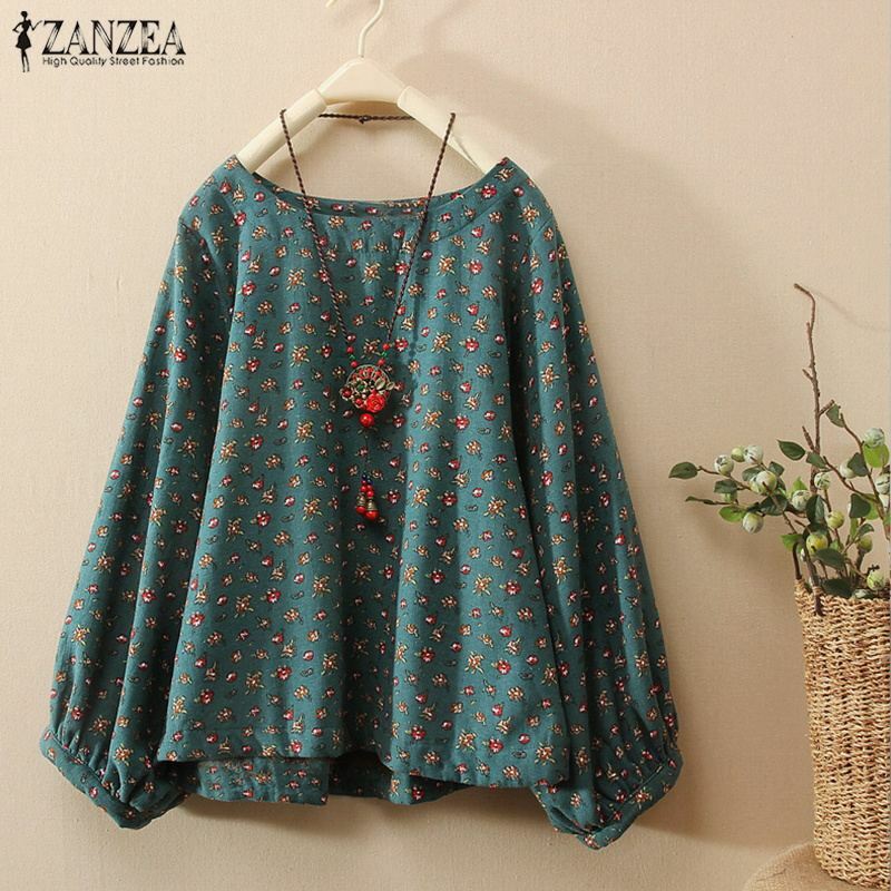 ZANZEA-Blusa holgada informal de lino y algodón para mujer, camisa de manga larga con cuello redondo y estampado Floral, talla grande, Primavera