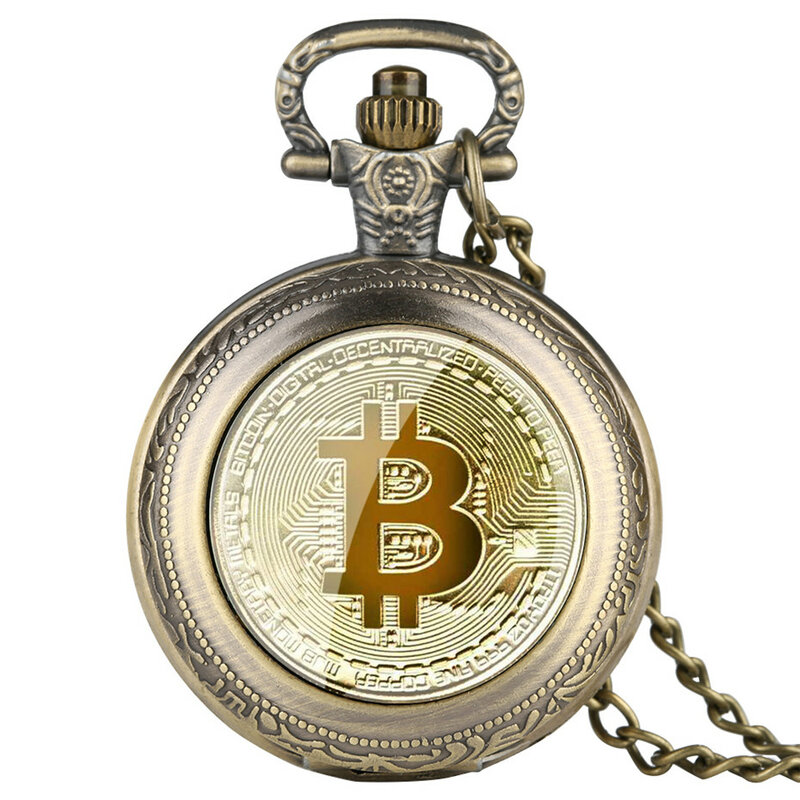 Exquisite bitcoin design completo caçador de quartzo bolso relógio numerais exibição pingente relógio masculino feminino com retro colar corrente relo