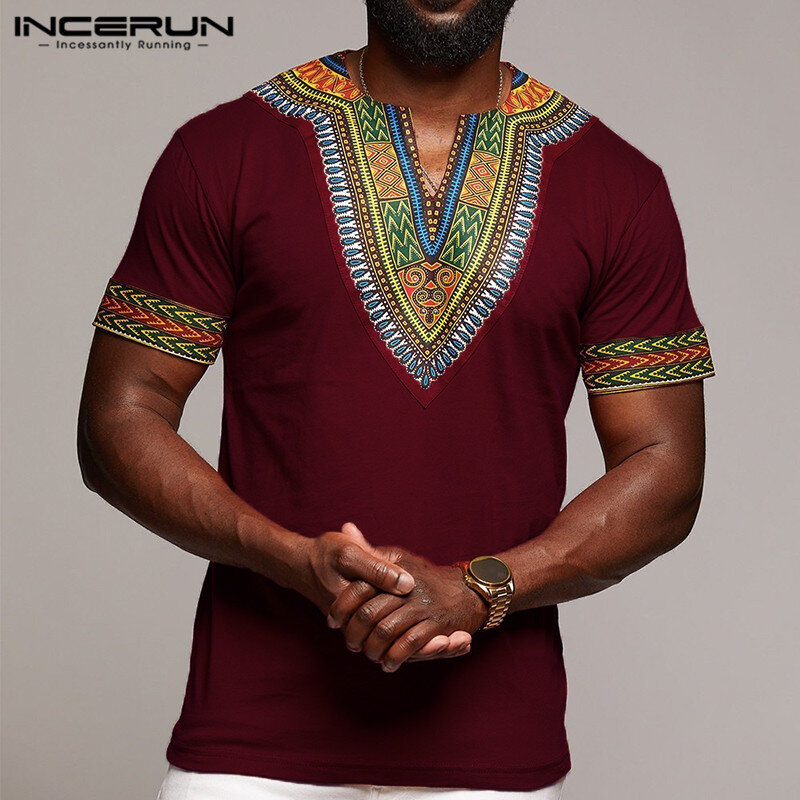 2019 African Dashiki Clothing Men T Shirt V Neck Short Sleeve Tops Fashion African Printed Casual T-shirt Men Plus Size INCERUN