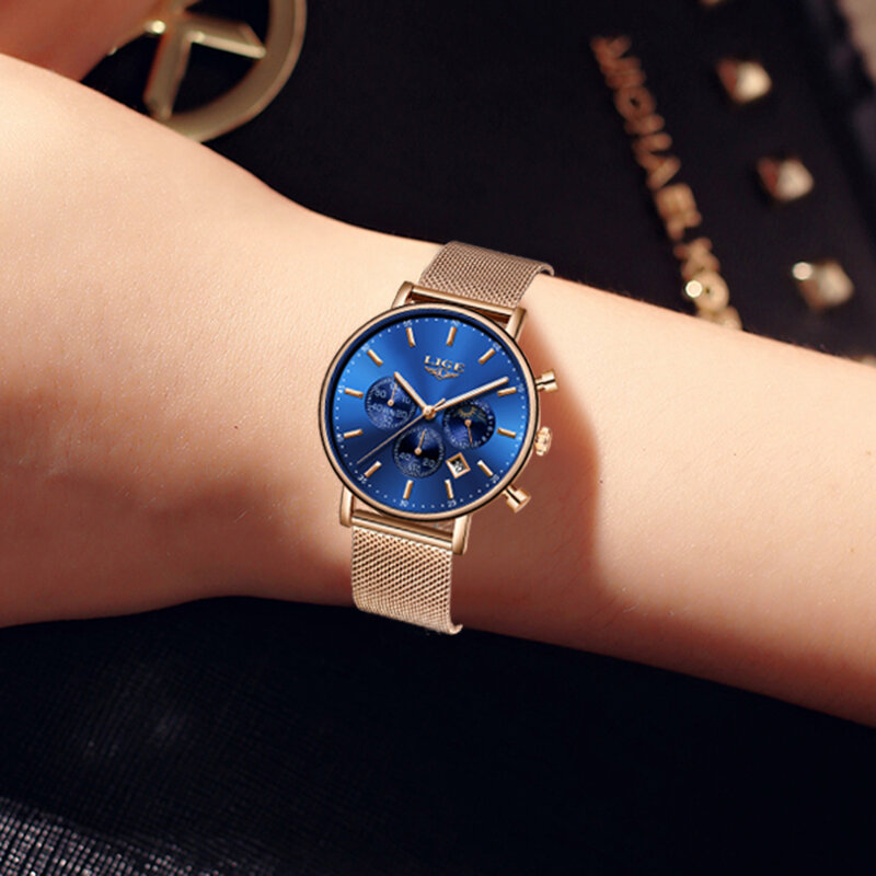 LIGE-Reloj de pulsera de cuarzo para mujer, accesorio de marca superior a la moda, de lujo, oro rosa, azul, informal, regalo