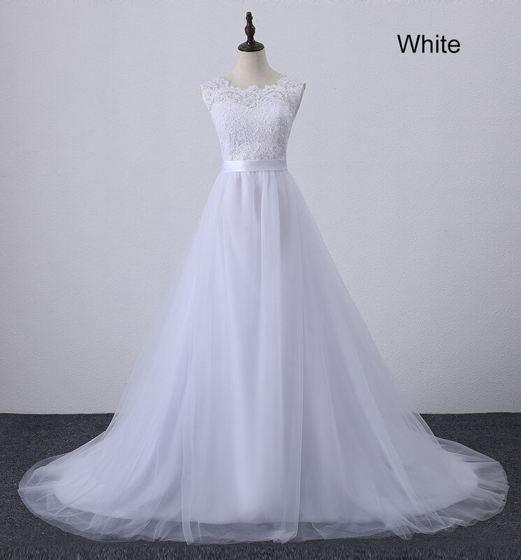 Solovedress A Line Lace Beach Wedding Dress 2019 Scoop Neck White Bridal Gown Tulle Skirt Chapel Train Vestido De Noiva SLD-228