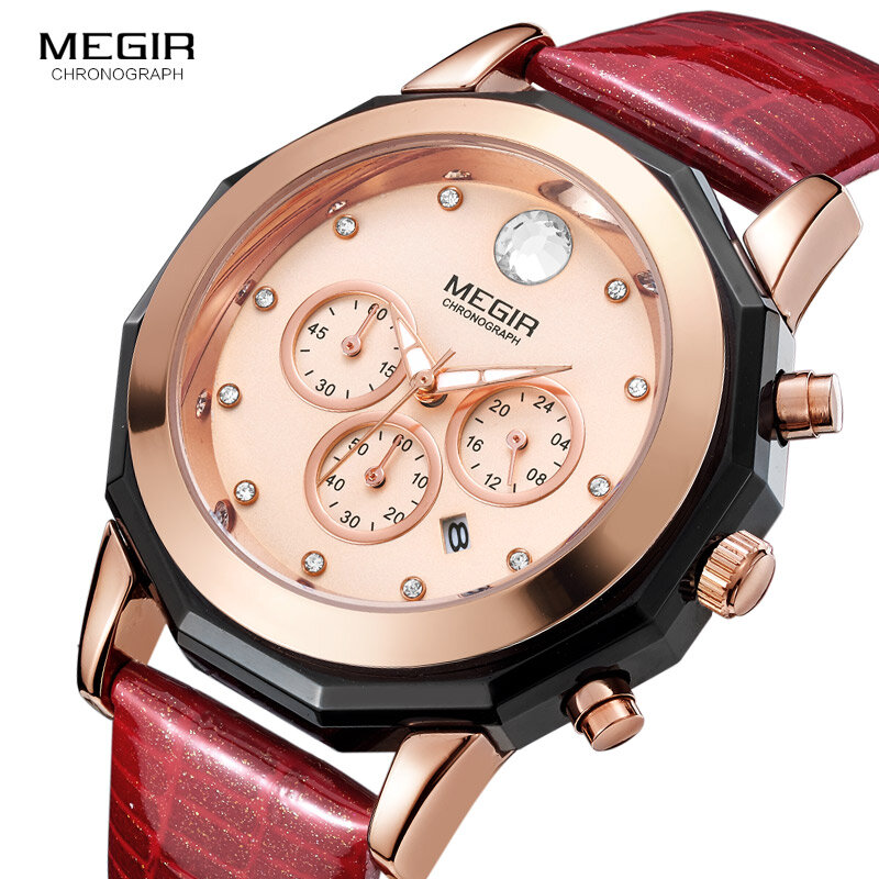 Megir Vrouwen 24-Uur Chronograaf Rode Lederen Band Quartz Horloges Met Lichtgevende Handen Waterdicht Horloge Voor Vrouw Datum 2042