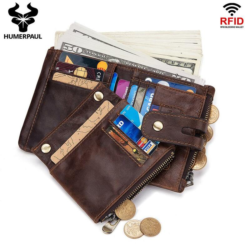 Head Layer Cow Leather Men's High Quality RFID Wallet with Chain Anti-Theft Male Purse Soft Money Bag Casual Cards Holder