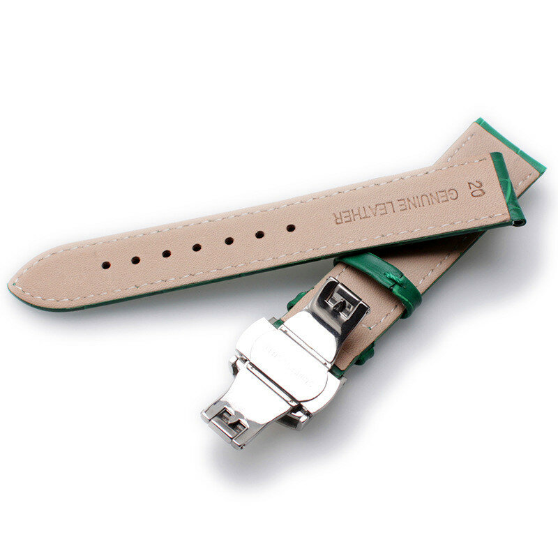 Bracelet de montre en cuir véritable, Grain de bambou vert, boucle papillon, pour hommes et femmes, 12mm 14mm 16mm 18mm 20mm 22mm