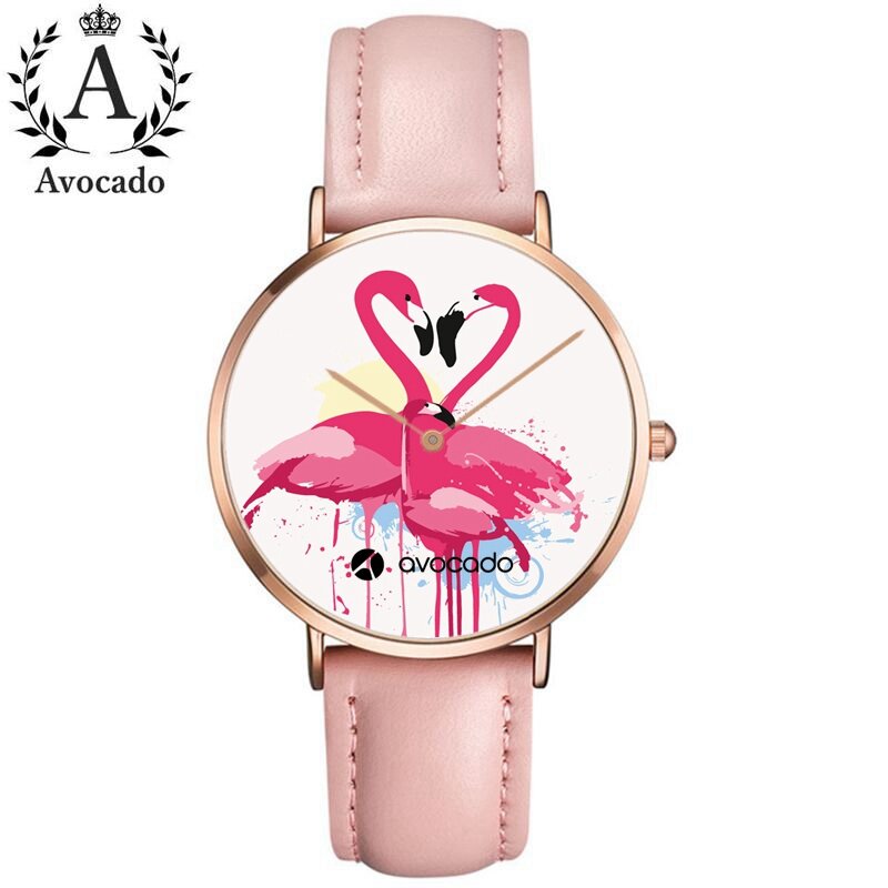 Flamingo relógio casual moda rosa pulseira de couro feminino quartzo pulseiras