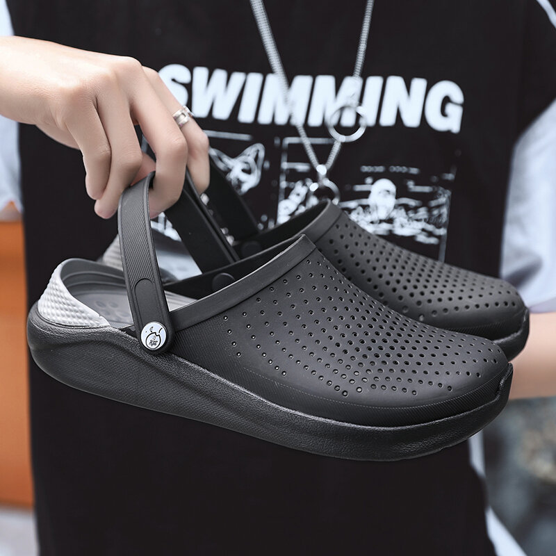 playa color negro 2021 calzado de verano Sandalias para hombre zuecos de goma estilo  litride suela plana 