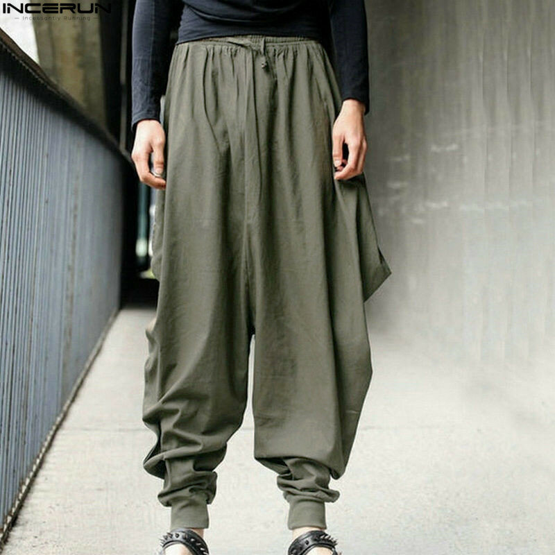 INCERUN-pantalones bombachos de algodón 2022 para hombre, pantalón holgado japonés, con entrepierna cruzada, pierna ancha