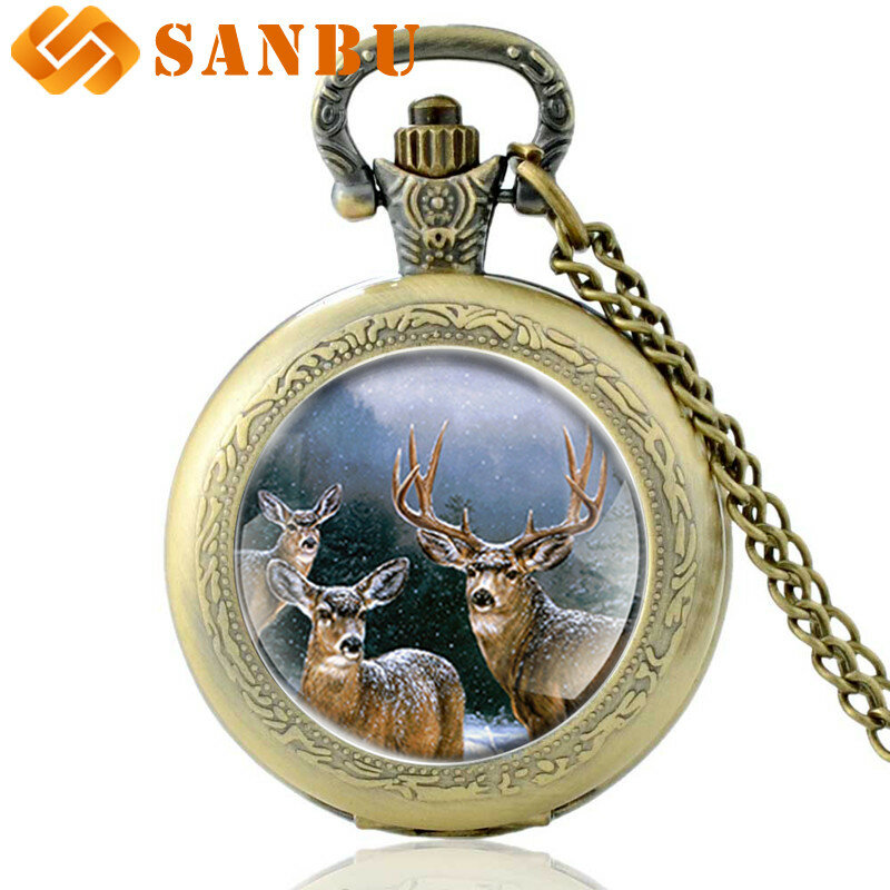 Reloj de bolsillo de cuarzo para hombre y mujer, pulsera con colgante de collar, estilo Retro, de bronce y alce
