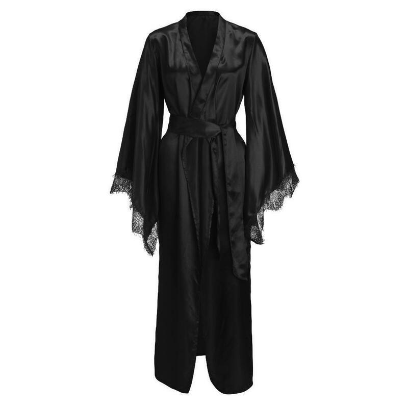 Kimono de satén de encaje para mujer, camisón largo, bata de baño Sexy con cinturón, a la moda sexy ropa de dormir, color negro, novedad de verano 2019