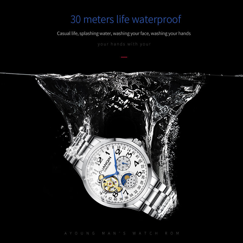 Guanqinスポーツ自動腕時計メンズ高級腕時計時計男性マンスケルトン防水機械式時計レロジオmasculino