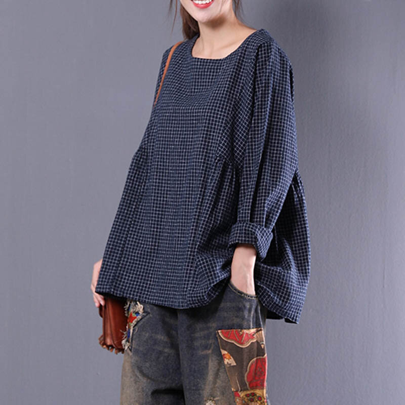 Blusa plisada informal de lino y algodón para otoño, camisa de manga larga con cuello redondo y estampado a cuadros para mujer, 2021