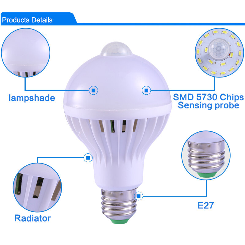 Lâmpada led e27 com sensor de movimento, lâmpada inteligente 220v 110v pir de 5w 7w 9w para iluminação de casa, luz noturna infantil