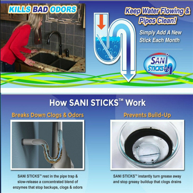 Sani – bâtonnets de décontamination des eaux usées, déodorant, pour la cuisine, les toilettes, la baignoire, le nettoyage des égouts, tige de nettoyage, transparent, 12 pièces/ensemble