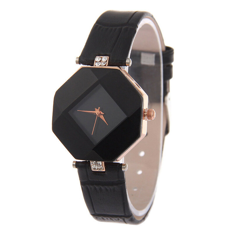 Vogue relógio feminino quartzo pulseira de couro, relógio de pulso feminino fashion geométrico cortado na pedra