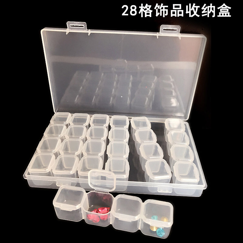 Caja de almacenamiento de cuentas de joyería para Nail Art, contenedores de almacenamiento de cuentas de joyería, caja de plástico transparente, 28 rejillas, 17,3x10,5x2,5 cm