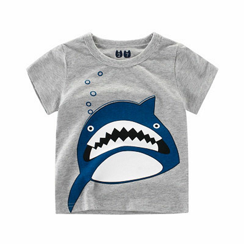T-shirt manches courtes col rond pour garçons | En coton, imprimé de requin de dessin animé, vêtements mignons pour enfants, Tee Shirt et hauts, été 2019