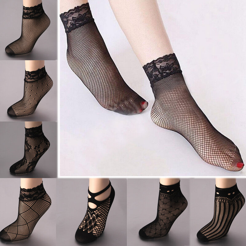 Calcetines tobilleros de malla con volantes de encaje para mujer, medias femeninas, elegantes y bonitas, a la moda, color negro, ultrafinas