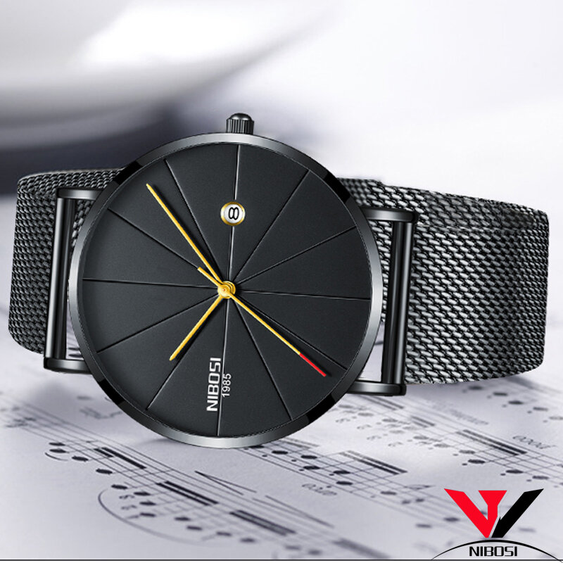 Часы наручные NIBOSI мужские тонкие, роскошные брендовые водонепроницаемые золотистые унисекс часы с сетчатым ремешком