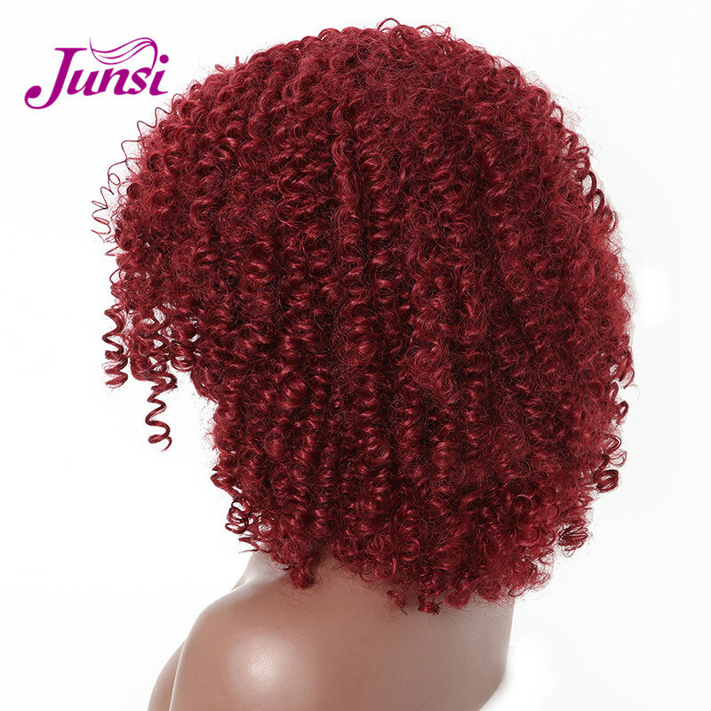 JUNSI włosy Ombre szare krótkie kręcone włosy wino czerwone peruka afro miękkie piękno syntetyczne włosy peruka