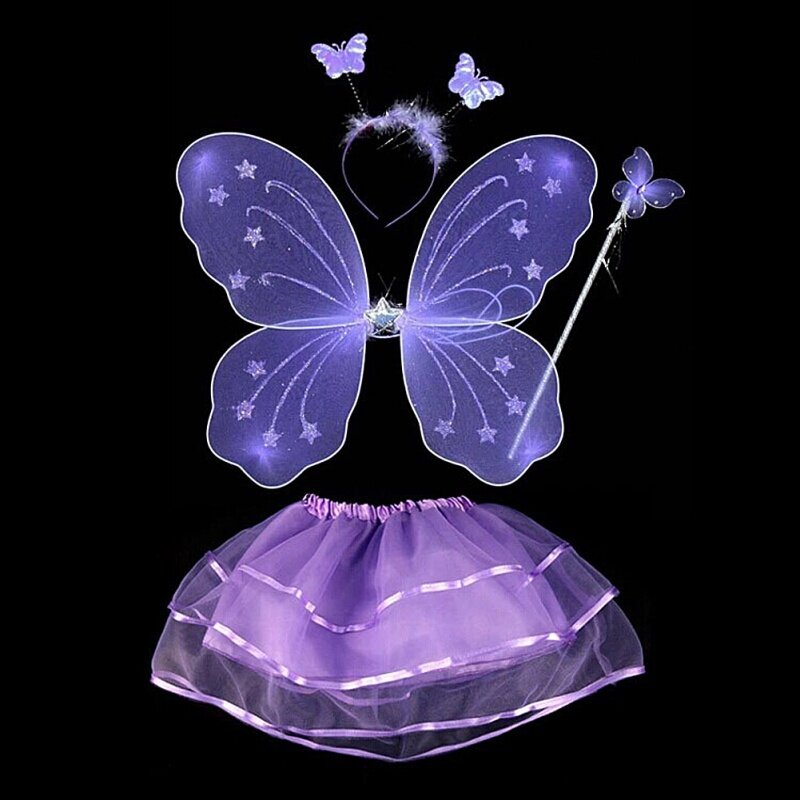 4Pcs  Fairy Princess Costume Sets Kids girls colorful stage wear Butterfly Wings Wand Headband Tutu Skirt