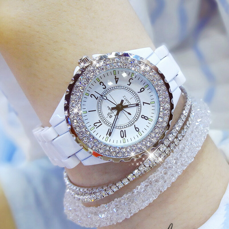 Luksusowe znane damskie zegarki kwarcowe diament moda kobieta zegarek biały pasek ceramiczny bransoletka zegarek damski Relogio Feminino