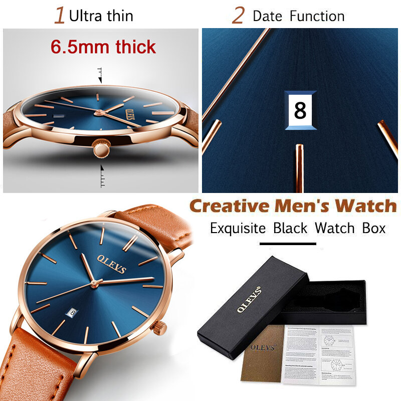 Olevs relógio masculino de quartzo, pulseira de couro genuíno, minimalista, ultrafino, relógio de pulso à prova d'água de alta qualidade