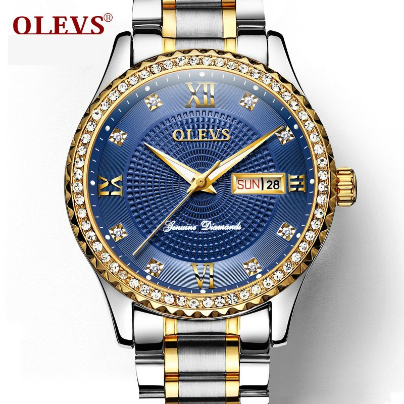 OLEVS-Reloj de pulsera de acero inoxidable para hombre, cronógrafo de cuarzo resistente al agua con diamantes de cristal, de lujo, Masculino