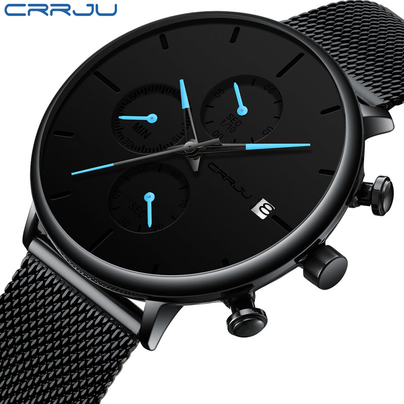 CRRJUนาฬิกาผู้ชายTop Luxury Multi-Function Chronographนาฬิกาข้อมือควอตซ์กันน้ำปฏิทินMinimalistตาข่ายนาฬิกาMontre
