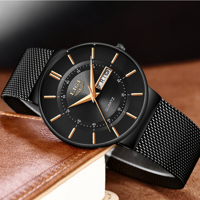 LIGE Fashion Casual Men's Watch Top Brand Luxury Watch Simple Analog Steel Mesh Belt Watch Waterproof Quartz Clock Sports Watch