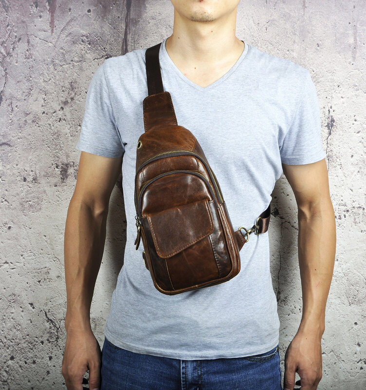 Men Original Leather Casual Fashion Chest Sling Bag 8" Tablet Umbrella Coffee Design One Shoulder Bag Cross body Bag Male 8013-c