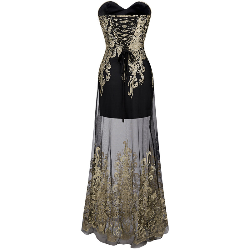 Angel-fashions винтажное длинное вечернее платье на шнуровке без бретелек, с вышивкой, черного цвета, 189