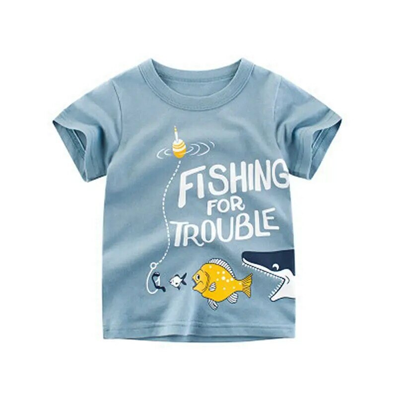 T-shirt manches courtes col rond pour garçons | En coton, imprimé de requin de dessin animé, vêtements mignons pour enfants, Tee Shirt et hauts, été 2019