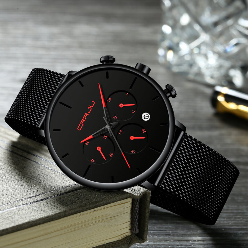 Top Luxury Brand CRRJU Men Watch Simple Stylish Chronograph Quartz Mesh Wristwatch Minimalist Waterproof 24 Hour Calendar Clock
