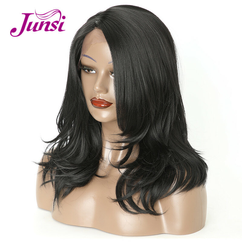 JUNSI Kurze Bob Wellenförmige Spitze Front Synthetische Perücken Schwarze Perücke Mit Wärme Beständig Haar für Frauen Perücke