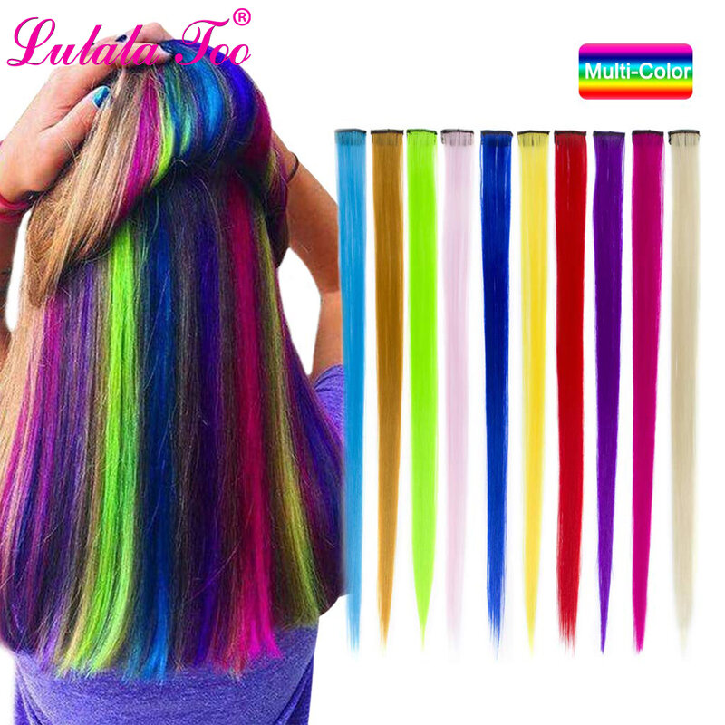 Clip en extensiones de cabello de una pieza, 50cm, 20 pulgadas de largo, sintético, liso, falso, piezas de cabello, mujeres, niñas, rosa, púrpura, azul