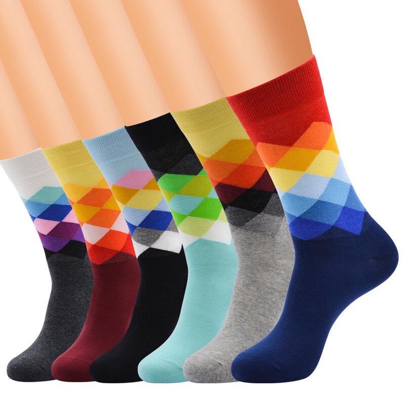 PEONFLY 6คู่/ล็อตสบายถุงเท้าการบีบอัดถุงเท้าตลกสีสันสำหรับชายเรขาคณิตCalcetines Hombre Artถุงเท้าMeias